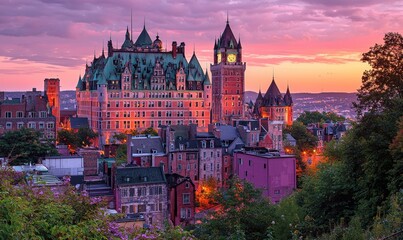 Obraz premium Historic castle hotel at sunset, overlooking cityscape