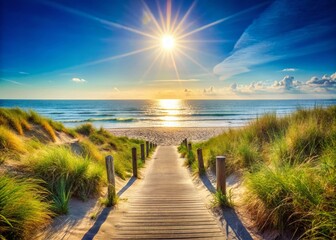 Sunny North Beach Path: Seascape Stock Photo, Coastal Walkway, Summer Vacation
