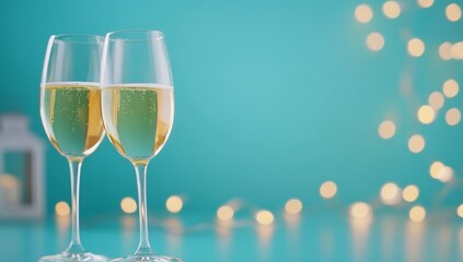 Champagne flutes, teal background, holiday lights