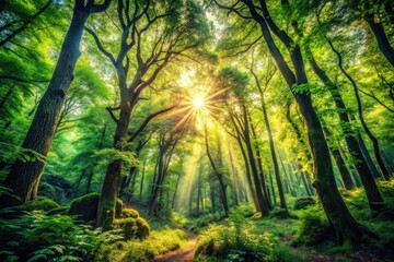 Fototapeta premium Mystical woods bathed in vintage sunlight; lush green trees in a retro enchanting forest scene.