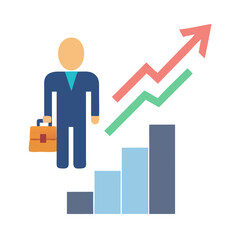 Career growth represented by a professional individual standing next to upward trends and bar charts in a graphic design