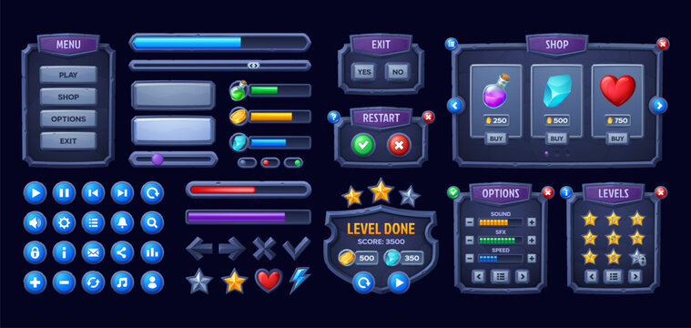 Stone game interface, Medieval UI game buttons and assets, vector GUI elements. Arcade game menu and interface elements with stone buttons and assets of scores, energy or life and power levels