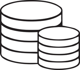 Database icon, simple outline drawing, cylindrical shapes, stacked disks, data storage symbol, minimalist design, black and white illustration, technology concept