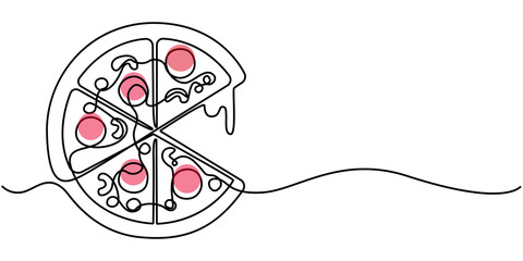One Continuous Line Drawing of Pizza Icon. Single Line Vector Illustration, Whole traditional pizza in a box one line colored continuous drawing. Traditional italian fast food continuous one line. 