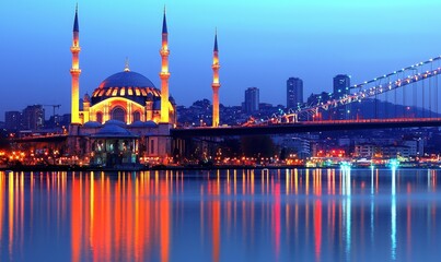 Obraz premium Illuminated mosque at dusk, cityscape and bridge reflected in calm water