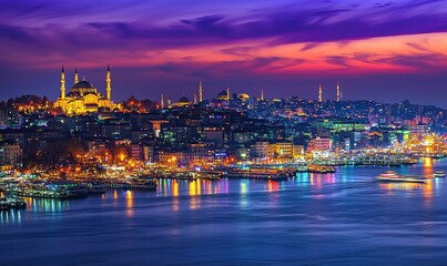 Fototapeta premium Istanbul cityscape at sunset with mosque silhouette and vibrant harbor lights