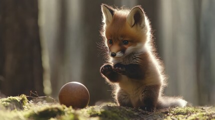Fototapeta premium Adorable baby fox playing with a wooden ball in a forest setting