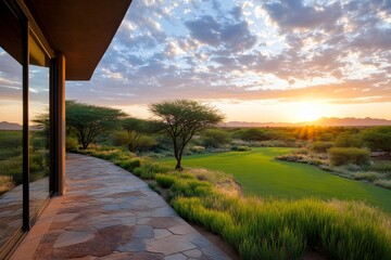 Modern patio overlooking golf course at sunrise