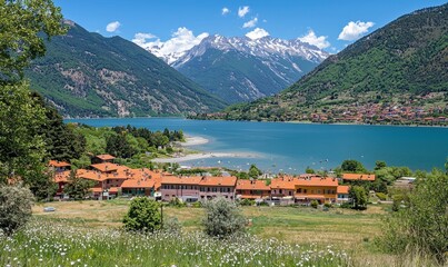Fototapeta premium Italian alpine lake village with colorful houses, mountains, and wildflowers in summer