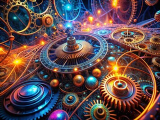 Surreal Abstract Gear Wireframe: Futuristic Mechanical Dreamscape Stock Photo