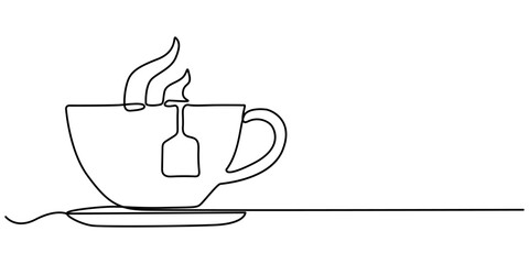 Teacup Single Line Drawing Banner with Editable Stroke and Copy Space, Continuous Line Drawing Of Garlic On A Transparent background, Steaming coffee cup with rising steam in continuous one line draw.