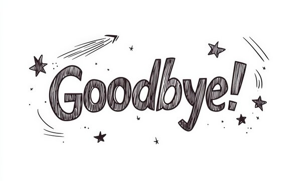 goodbye text with cute doodles in black and white drawing style