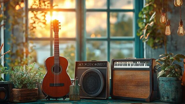 Musical Serenity: A harmonious collection of musical instruments, including acoustic guitar, amplifier, and electric piano, is arranged near a window with sunlight.