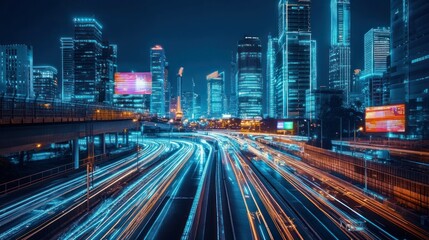 Nighttime cityscape with vibrant light trails from moving vehicles and illuminated skyscrapers