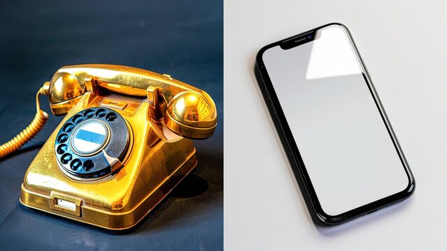 Contrasting communication devices: a vintage golden rotary phone and a modern sleek smartphone. generation comparison, old vs new age