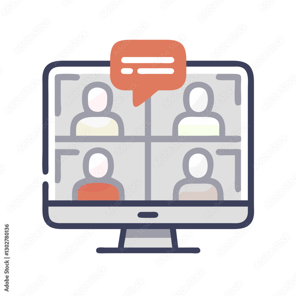 Poster virtual meeting icon featuring multiple participants engaging in remote conversation on a computer s