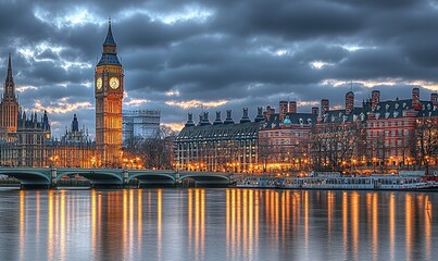 Obraz premium London cityscape Big Ben, Parliament, Westminster Bridge, Thames River at dusk