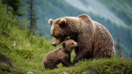 Obraz premium A heartwarming moment in nature. A mother bear nurtures her cub in a lush green landscape. This captivating scene showcases wildlife bonds. Generative AI