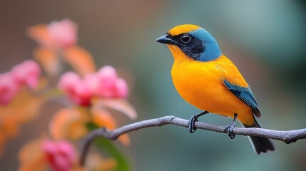 Fototapeta premium Blue winged mountain tanager perching on branch, tropical bird watching