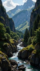 Scenic view of Slovenian Karst Valleys featuring lush greenery and flowing river surrounded by mountains. Concept of Slovenian Karst Valleys creates picturesque landscape ideal for nature lovers