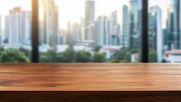 Fototapeta Empty wooden table with city view. Empty space for product display