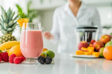 A nutritionist preparing a colorful fruit smoothie in a blender in a white kitchen, against a slightly blurred background of fresh fruit.