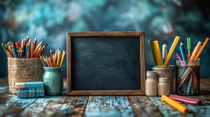 Colorful pencils, pens, and small blackboard resting on rustic wooden desk