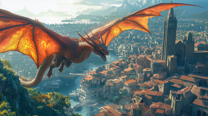 Dragon's flight over a bustling town, a mix of awe and danger in the air. Fiery dragon soars over ancient city, wings ablaze. Epic fantasy scene.