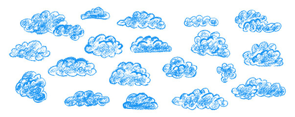Set of abstract pencil clouds. Hand drawn cartoon cloudy sky. Vector illustration of collection of blue eddy on white background. Imitation of a child's drawing with pencils on blackboard.