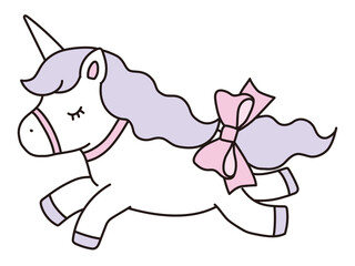 リボンをつけたかわいいユニコーンのベクターイラスト。馬、動物、ドリーミー、線