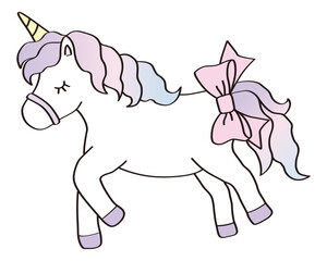 リボンをつけたかわいいユニコーンのベクターイラスト。馬、動物、ドリーミー、線