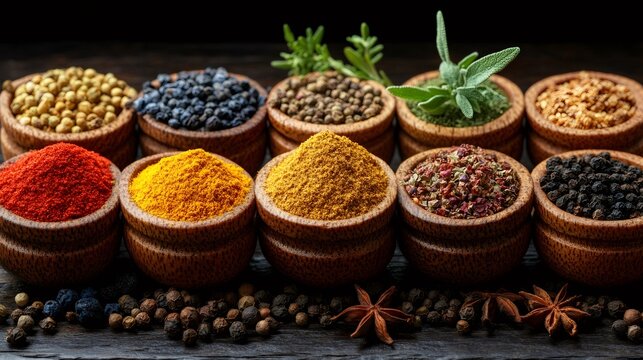Colorful spices and herbs resting in wooden bowls on rustic table