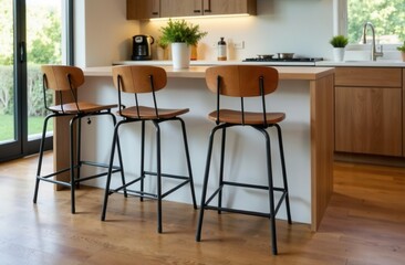 Modern kitchen design with bar stools and wooden cabinets for interior inspiration