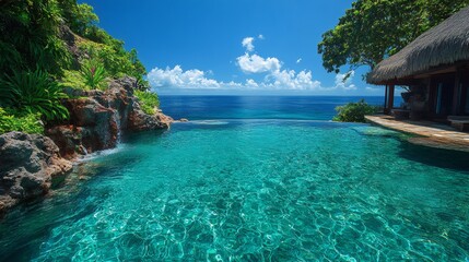 Obraz premium Infinity pool overlooking tropical ocean in luxury resort
