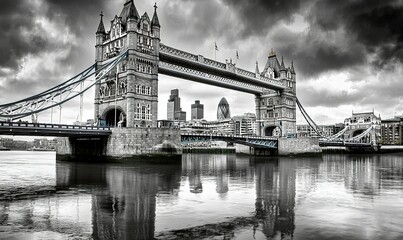 Obraz premium Monochrome Tower Bridge London cityscape reflection Thames river UK