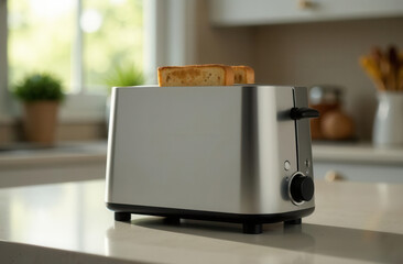Modern kitchen with stainless steel toaster and toasted bread