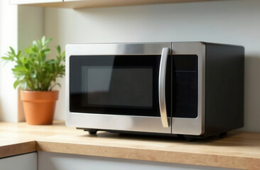 Fototapeta premium Modern kitchen interior with microwave on wooden countertop for home appliance display