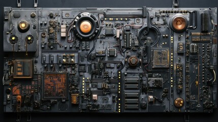 Intricate vintage circuit board with glowing elements, showcasing technology and design aesthetics