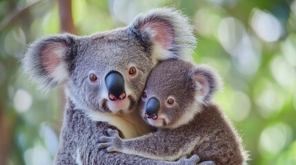 Obraz premium Adorable Koala Mother Embracing Baby Koala in Natural Habitat