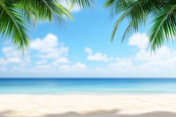 Fototapeta premium Tropical Beach Scene, Blurred Background, Palm Trees, Ideal Vacation