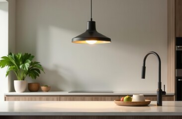 Modern minimalist kitchen design with pendant light and fresh greenery