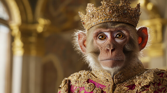 Majestic monkey king in golden crown and rich robe posing regally art royal image photo style animal