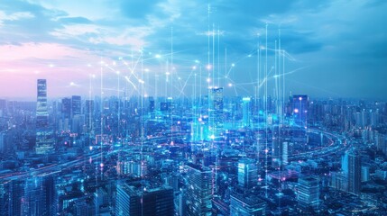 A vibrant city skyline illuminated by digital connections and technology at dusk
