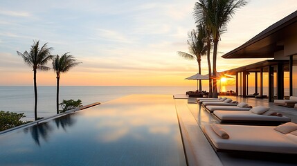 Fototapeta premium Sunset view of infinity pool at luxury beachfront villa.