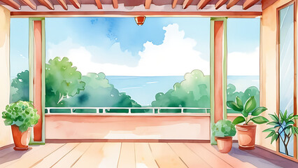 Fototapeta premium Watercolor Seaside Balcony View with Plants and Blue Sky Illustration