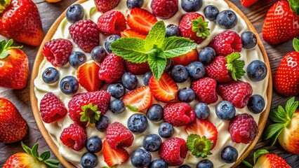 Obraz premium Stunning aerial view of a creamy strawberry dessert, bursting with fresh berries.