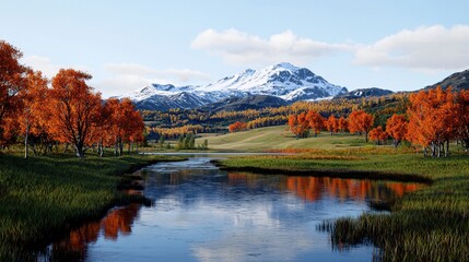 Fototapeta premium Scenic Autumn Landscape with River, Mountains, and Vibrant Orange Trees