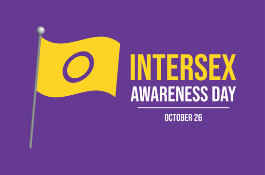 Intersex Awareness Day poster vector illustration. Intersex flag on a pole icon on a purple background. LGBTQIA intersexual waving pride flag symbol. Template for background, banner, card. 26 October