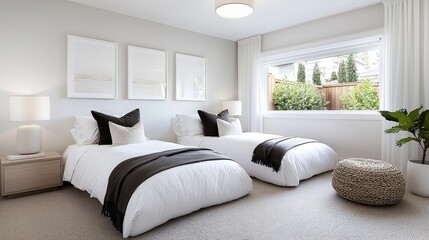Fototapeta premium Elegant Modern Bedroom with Twin Beds, Neutral Colors and Bright Natural Light