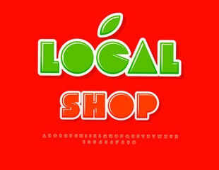 Vector Artistic poster Local Shop. Red Glossy Font. Abstract style Alphabet Letters and Numbers